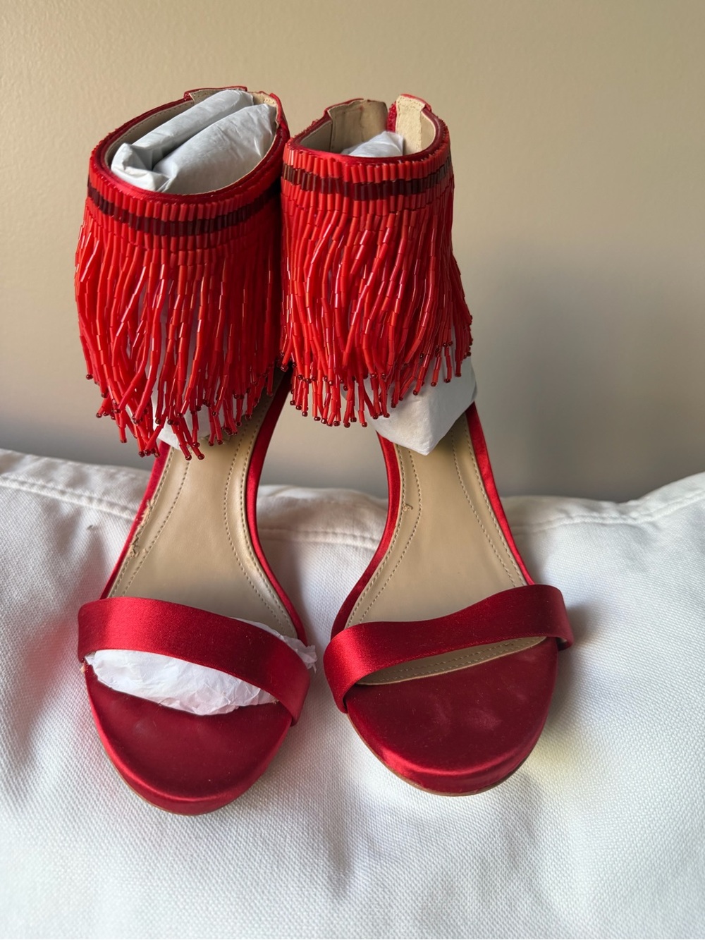 BCBGMAXAZRIA MA-DEVINE Red Beaded Fringe Stiletto Heels – Size 8M